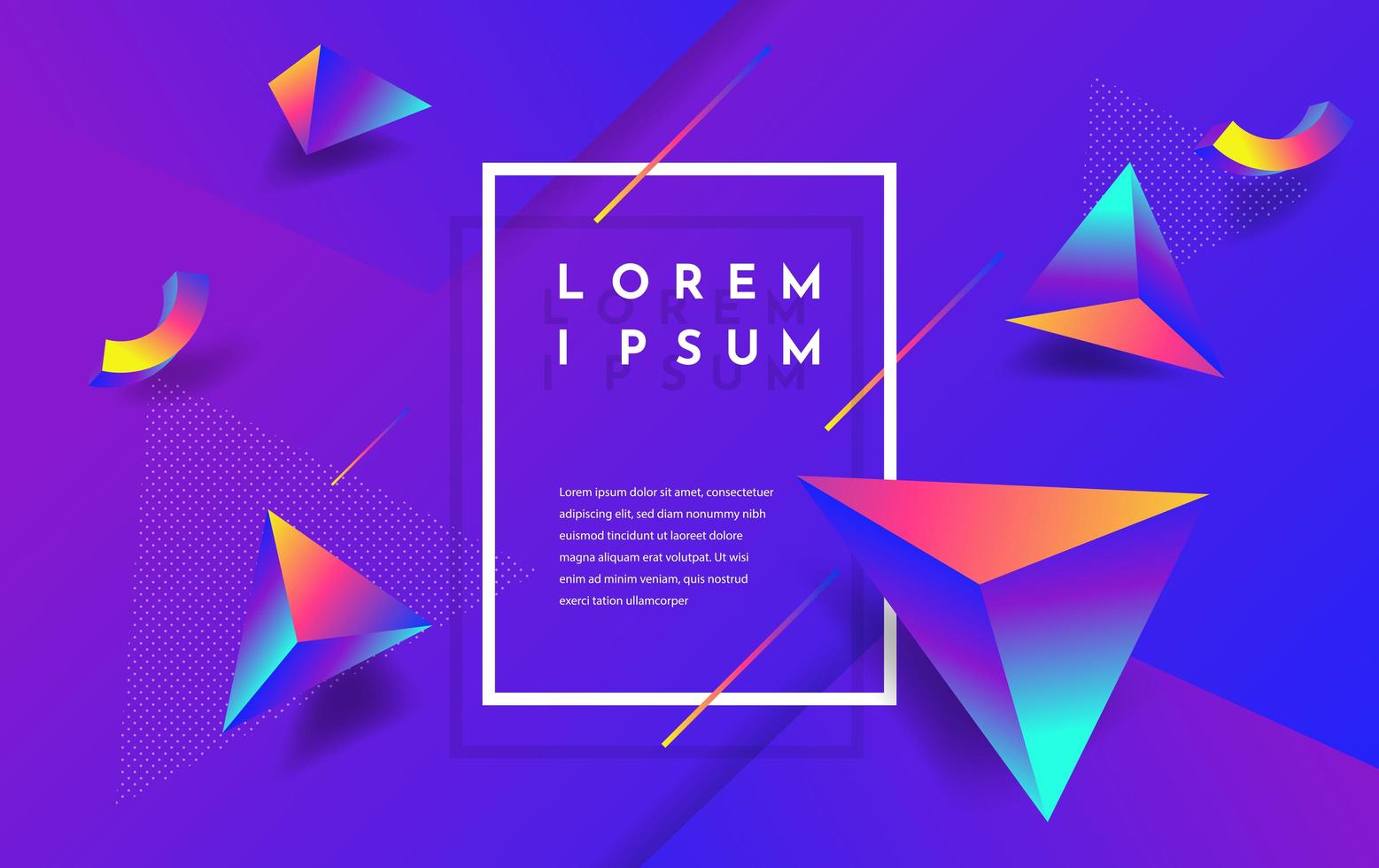 Shiny gradient triangles on purple with floating white frame vector