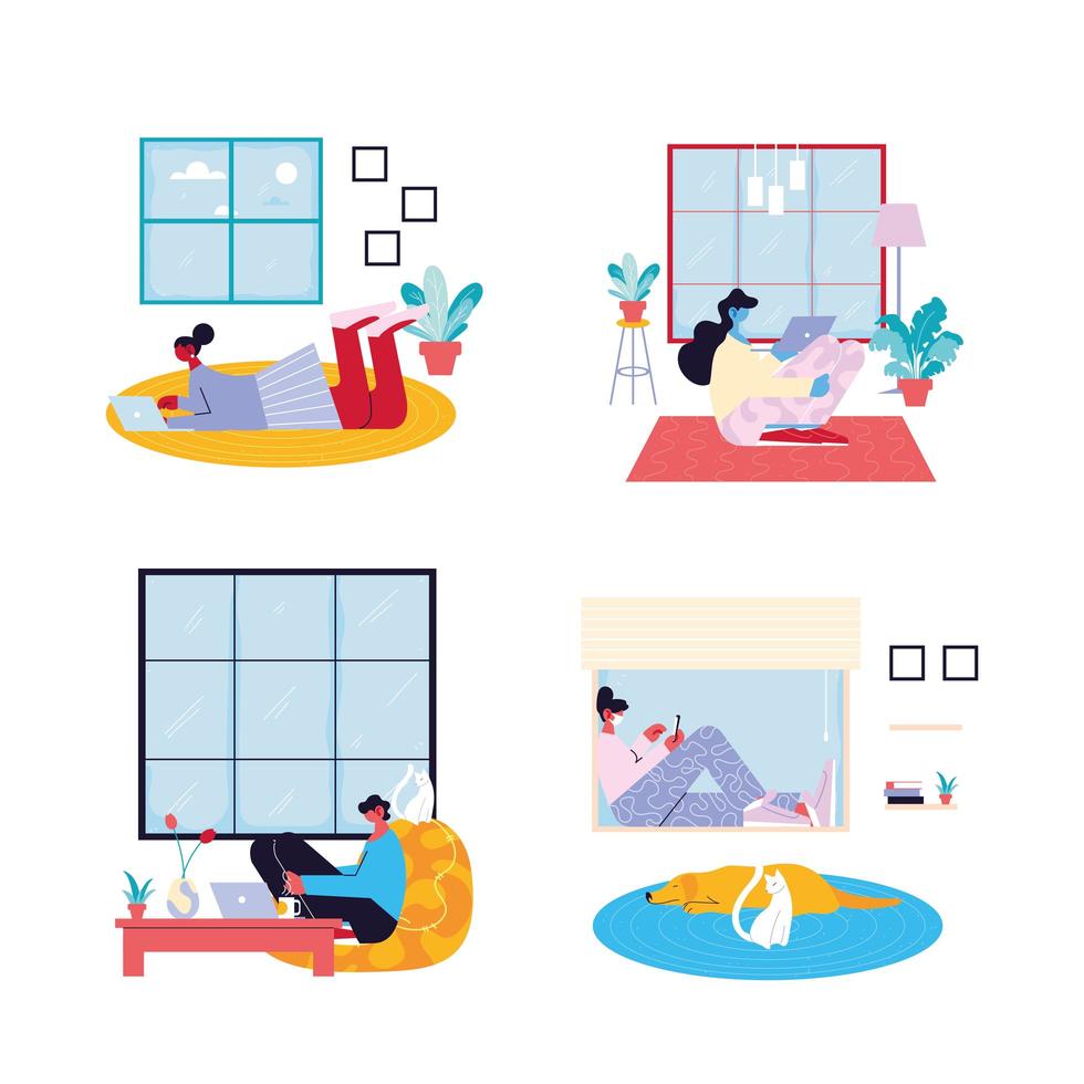 Set of indoor scenes of people working from home vector