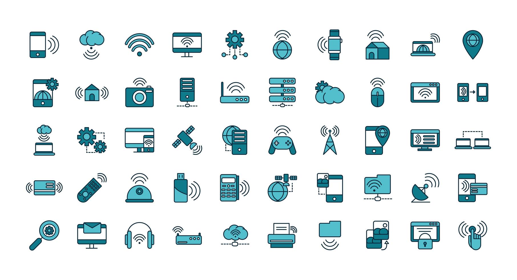 varios dispositivos y conjunto de iconos de arte lineal de internet vector