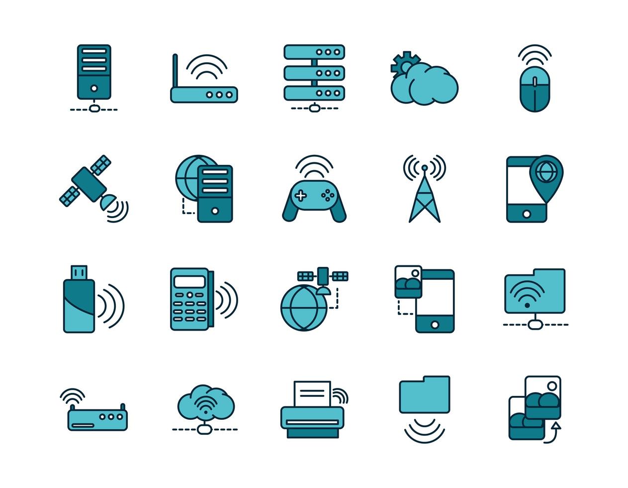 conjunto de iconos de arte de línea de internet y dispositivos vector