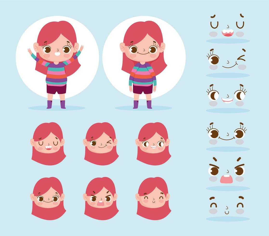 Little girl character with different heads and faces set vector