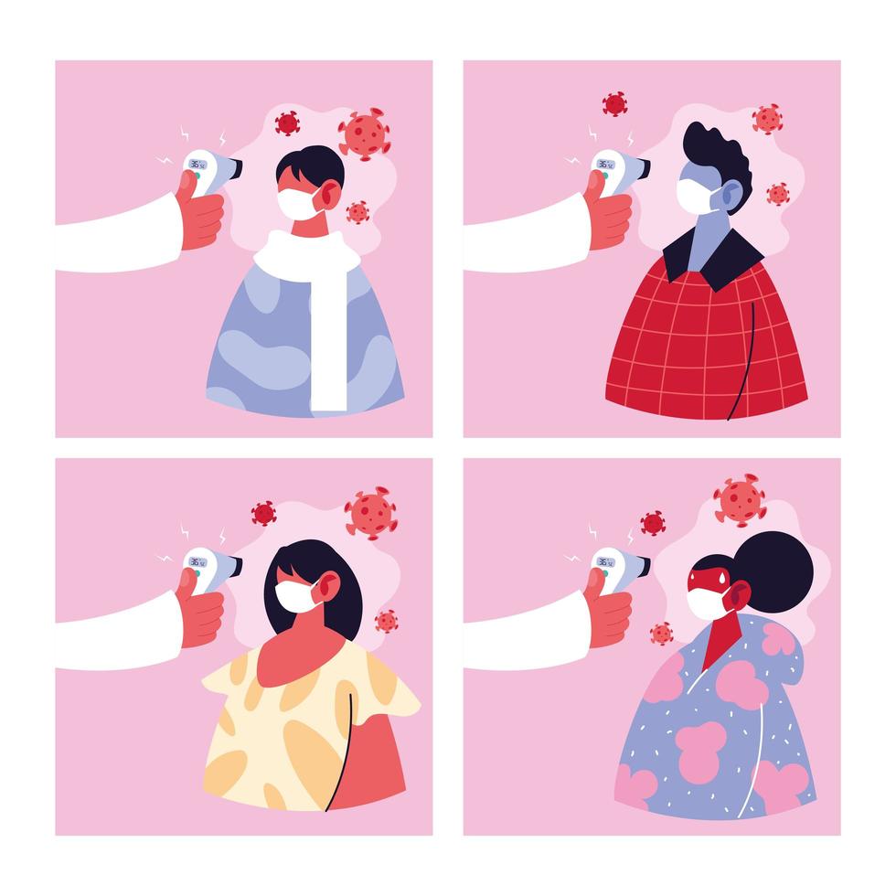 Set of images with a doctor measuring the temperature of people vector