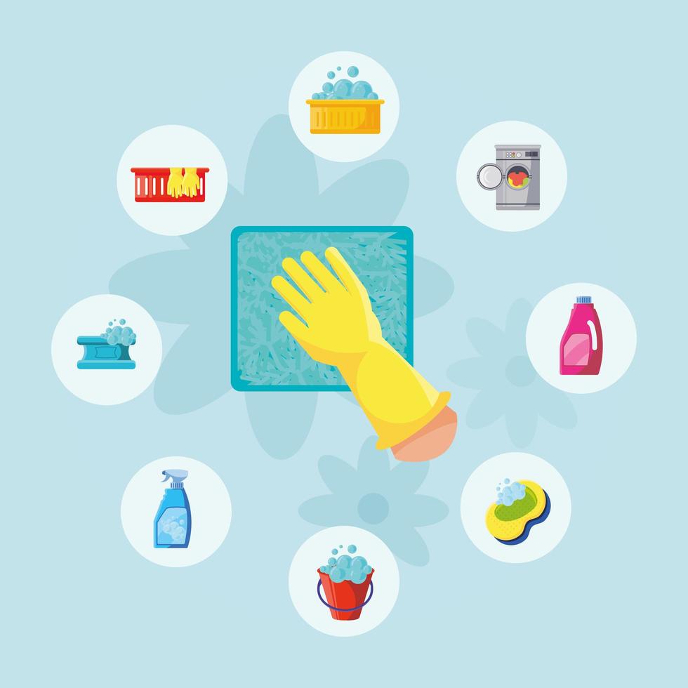 Set of eight cleaning icons with yellow glove vector
