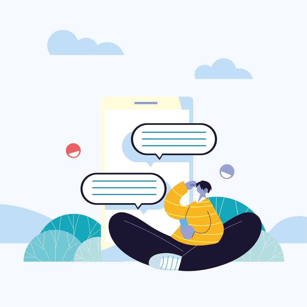 Seated man with smartphone chatting vector