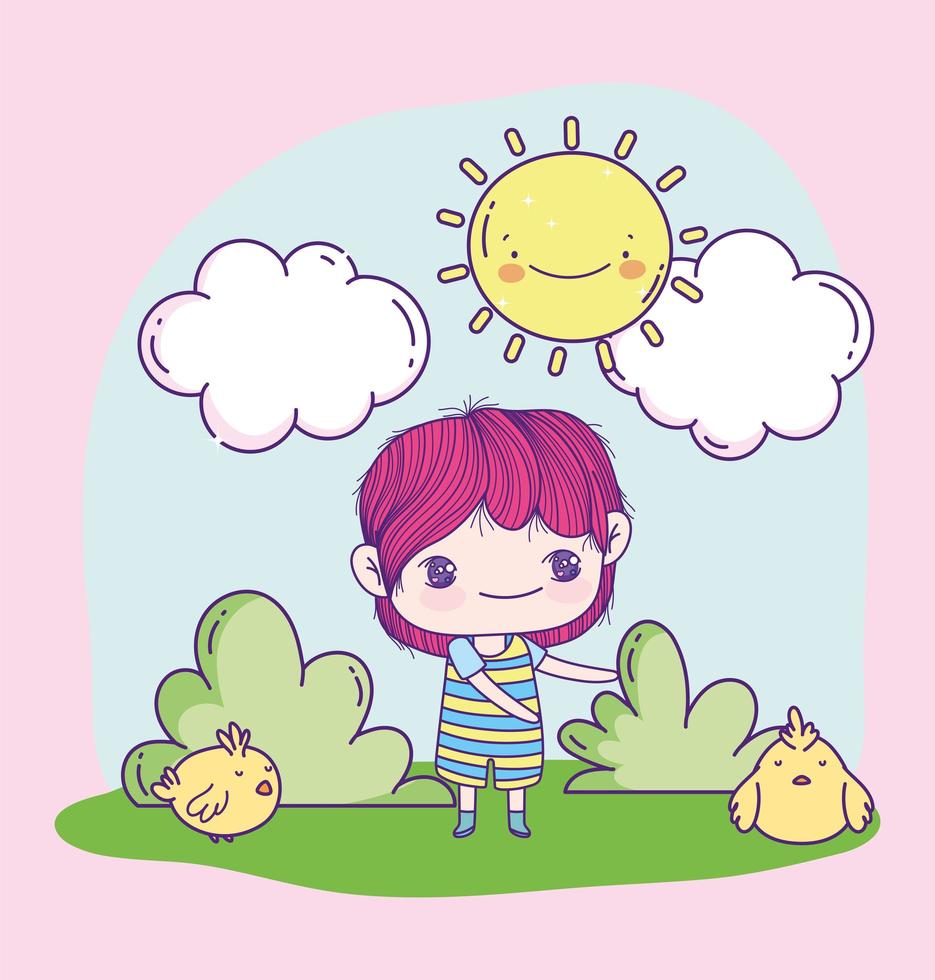 Anime boy with chicken outdoors vector