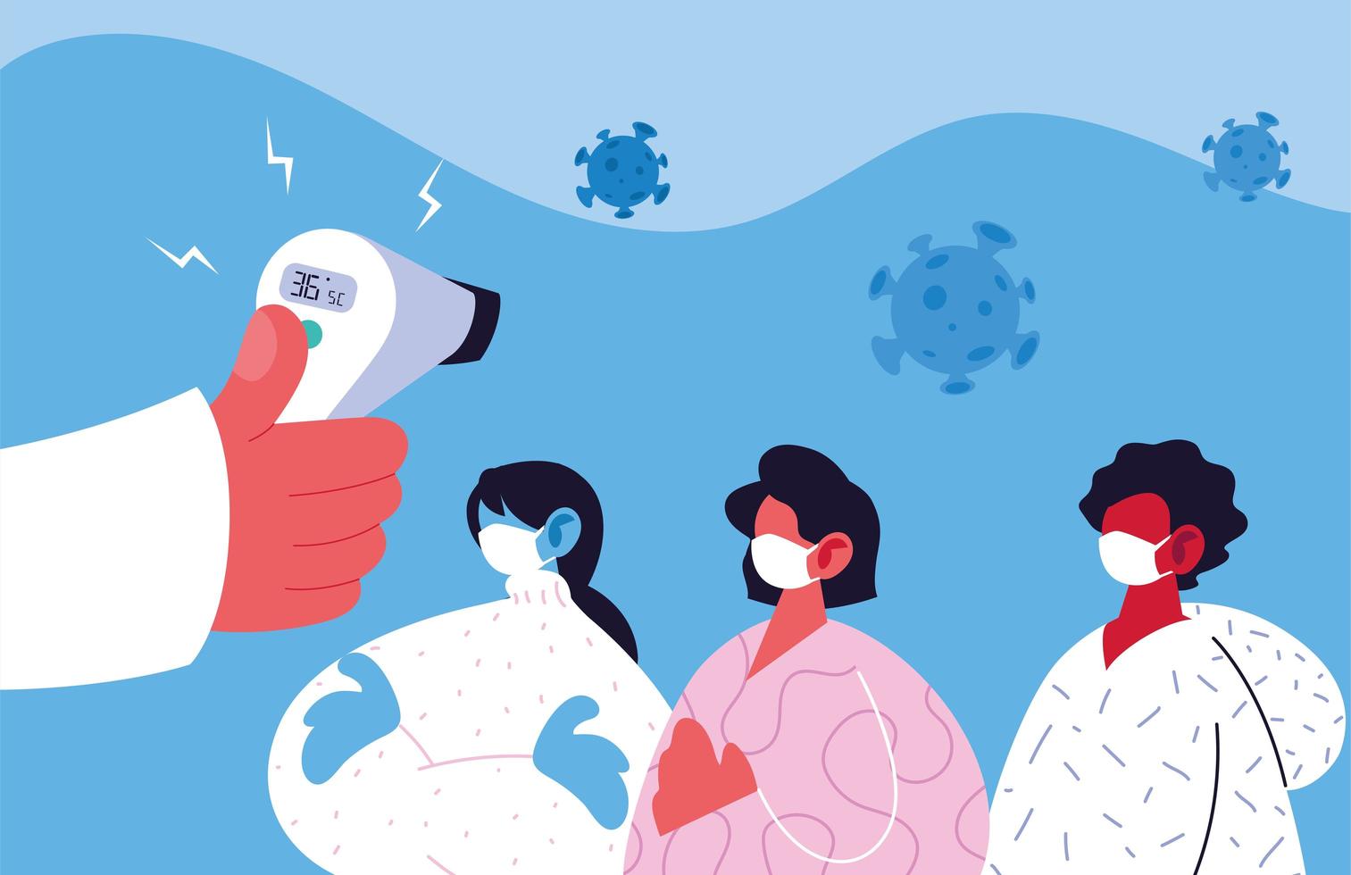 Doctor check the temperature of a group of people, coronavirus prevention vector