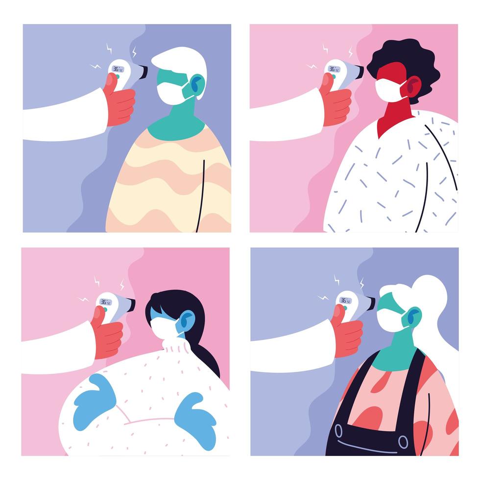 Set of images with a doctor measuring the temperature of people vector