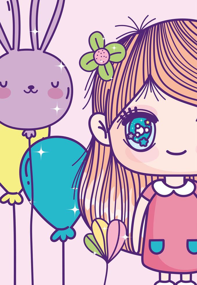 plantilla de tarjeta de niña de anime recortada con globos vector