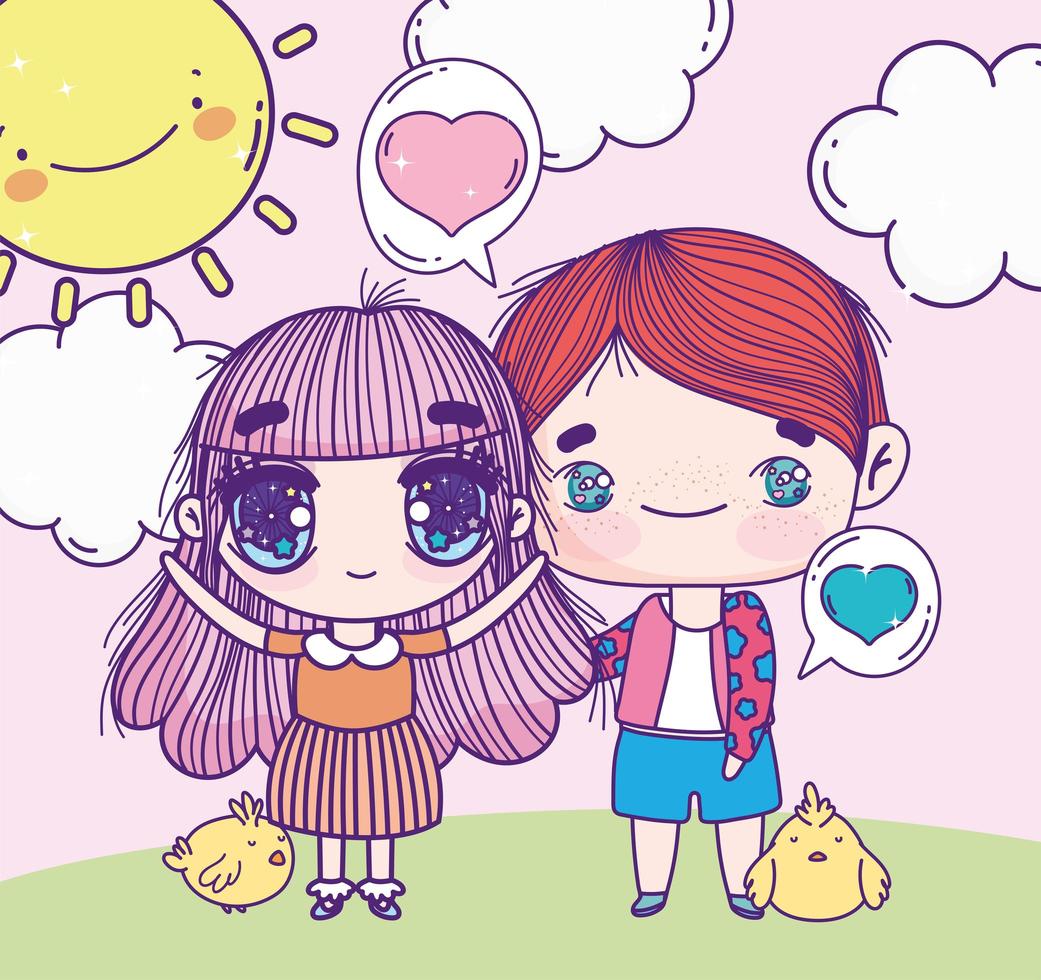 Anime girl and boy with chickens vector