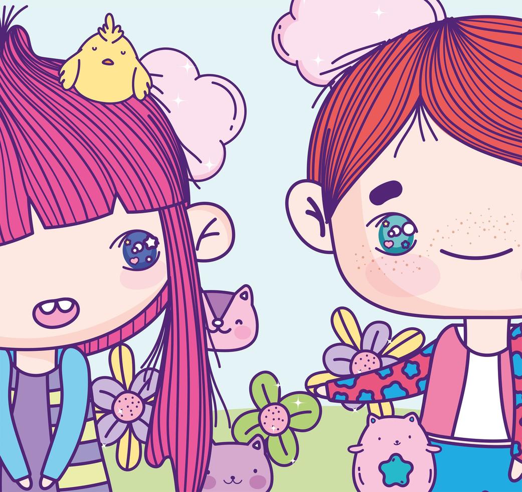 Cropped anime girl and boy with animals and flowers vector