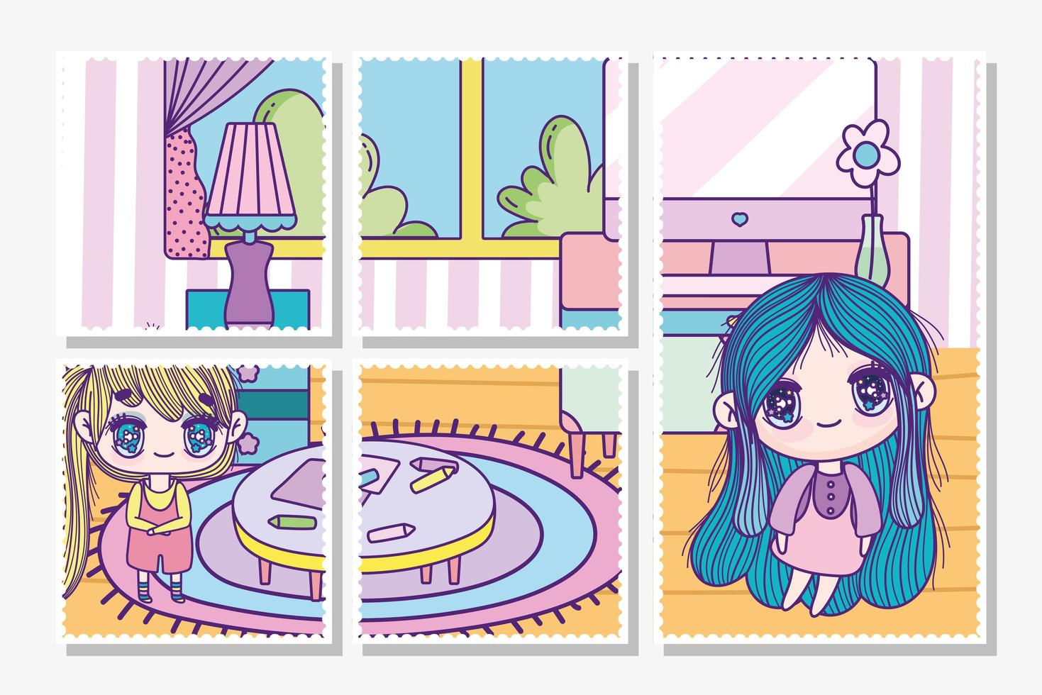 Anime girls playing indoors cards template vector