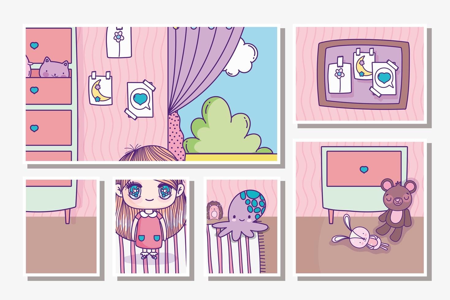 Anime girl in the bedroom cards template vector