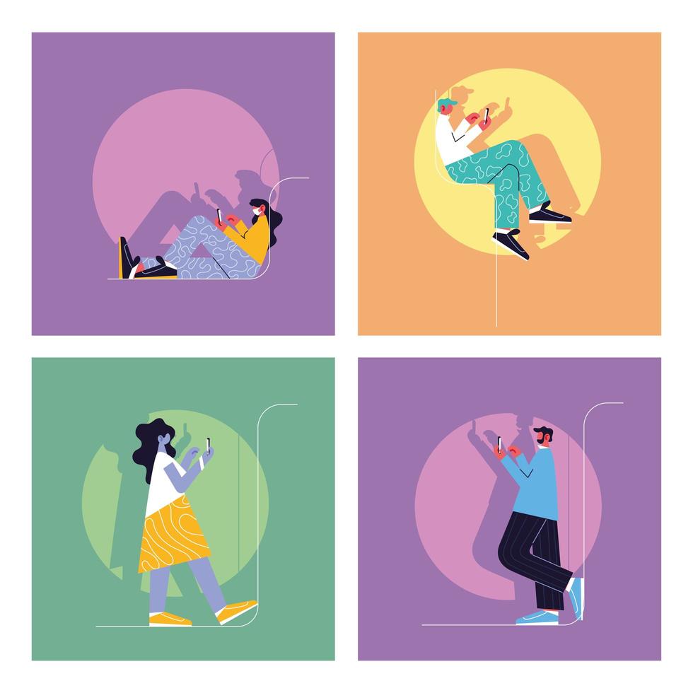 Set of images with people holding a smartphone using social media vector