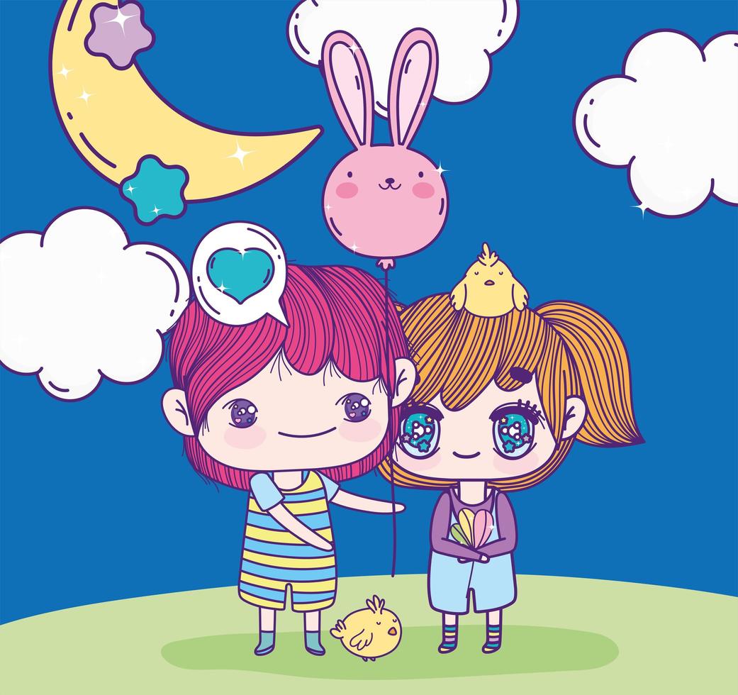 anime cute boy and girl with balloon shaped rabbit night moon vector