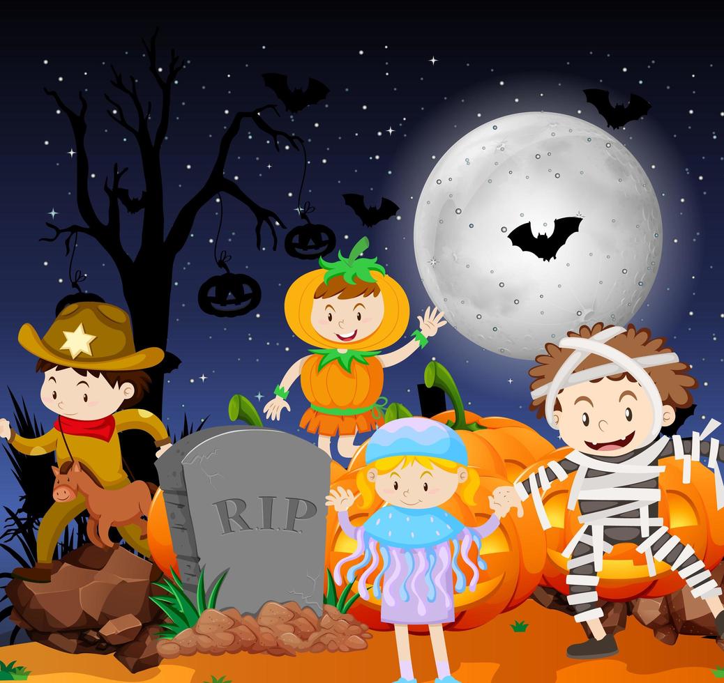 escena de halloween con niños en disfraces vector