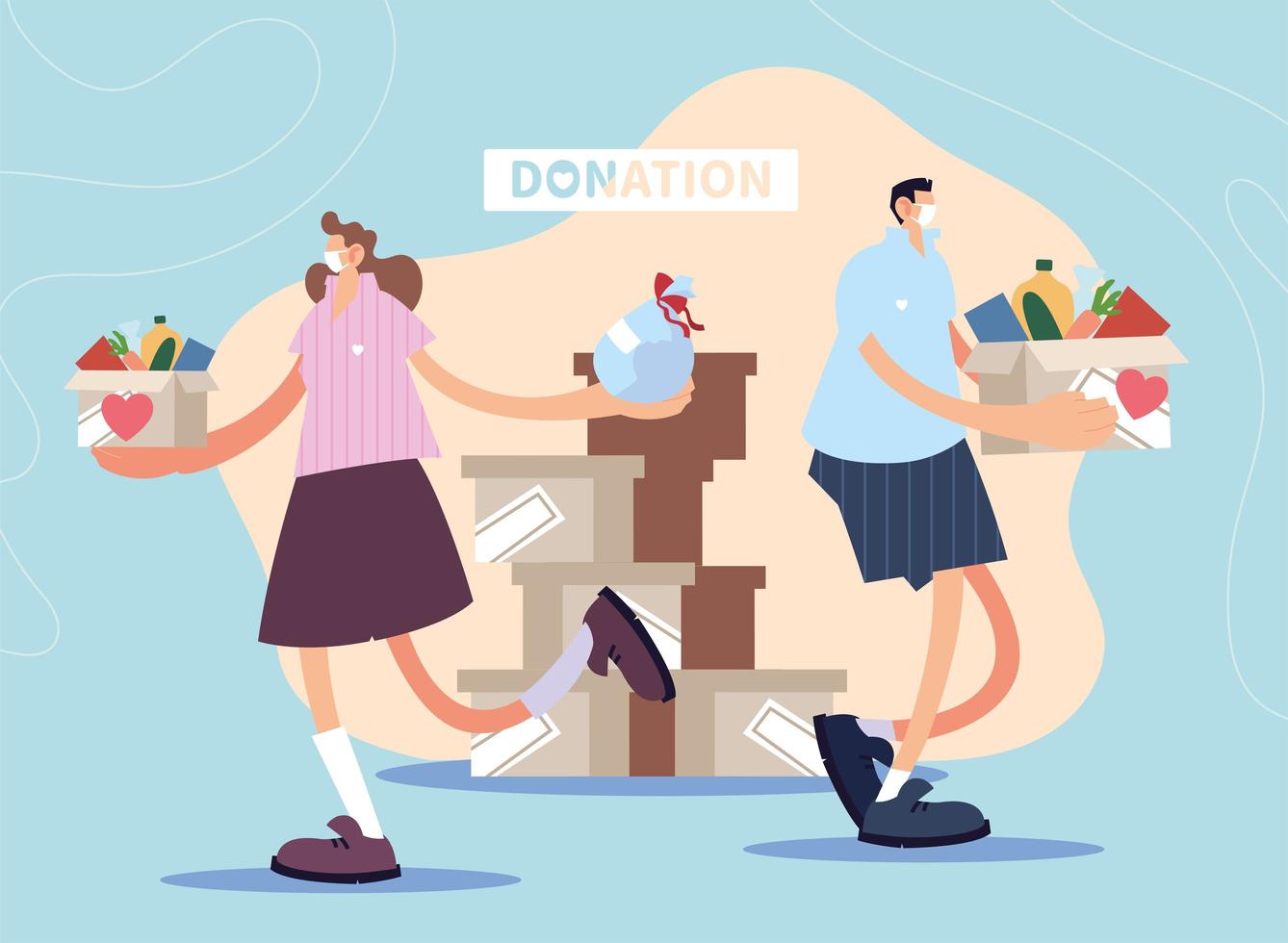 Two people wearing medical mask giving charity donation vector