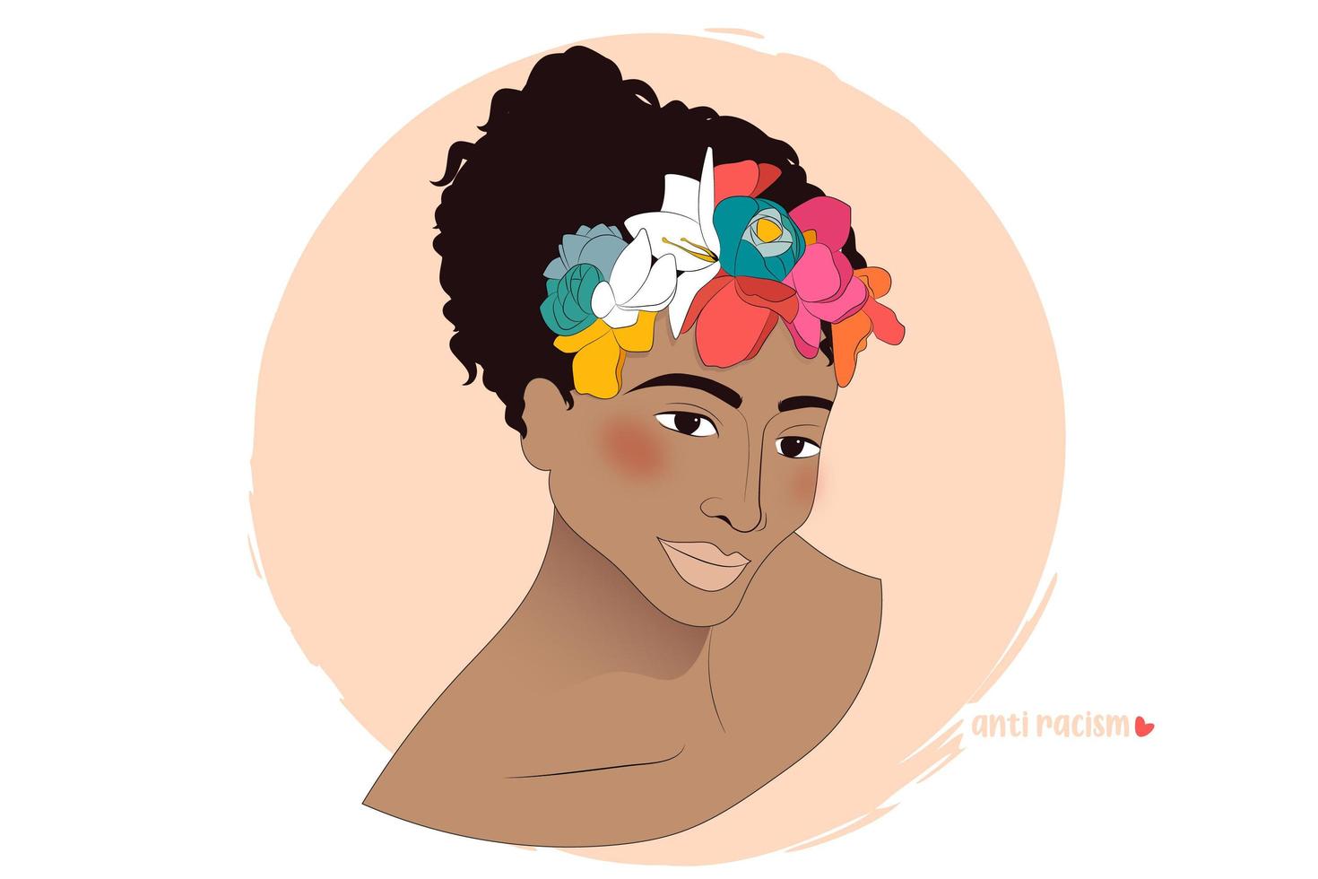 mujer afroamericana con flores en el pelo rizado retrato vector