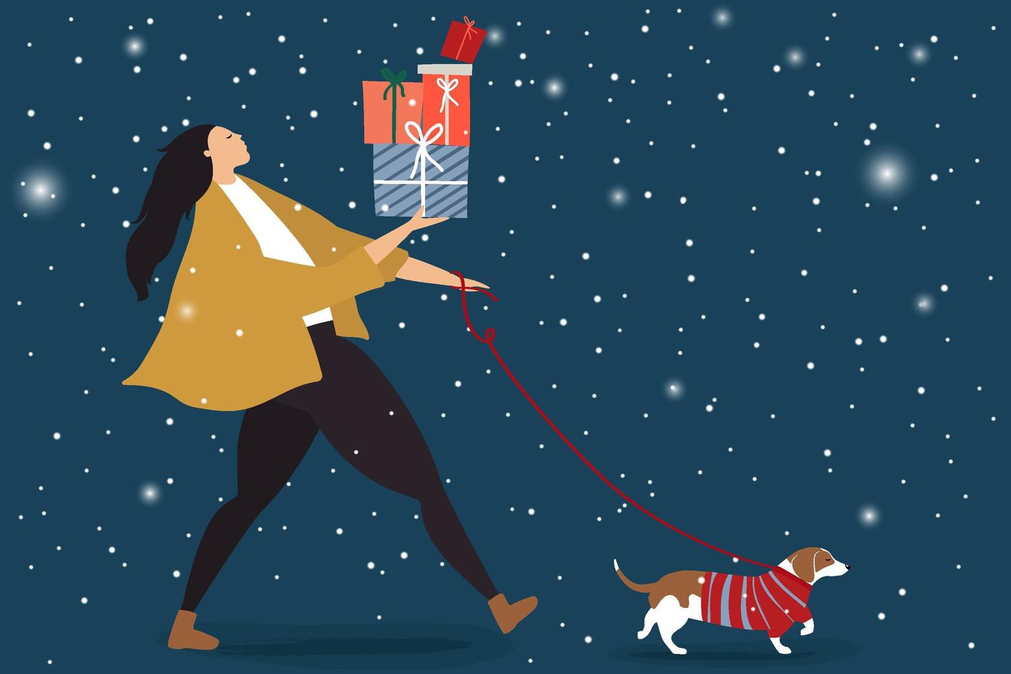 Concepto de Navidad con mujer paseando a un perro y sosteniendo regalos vector