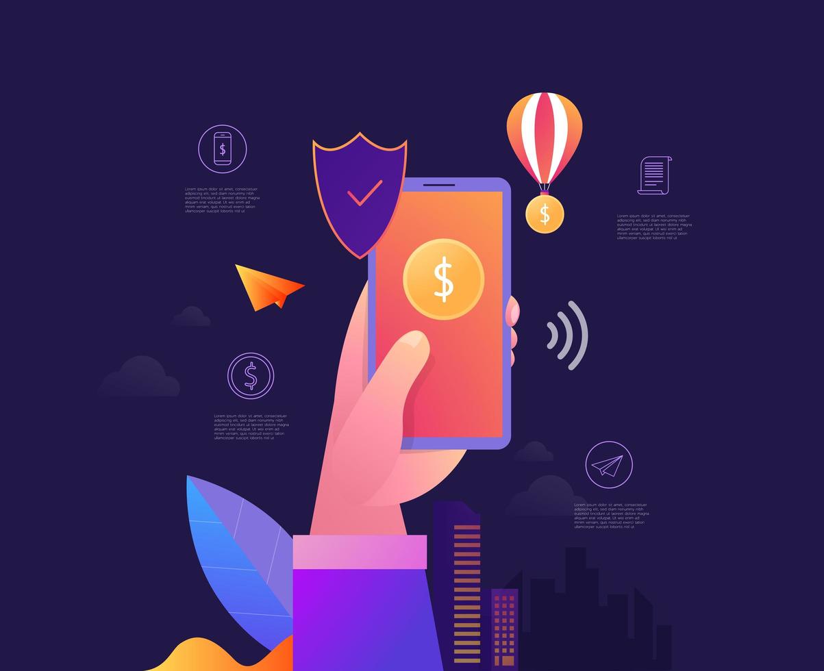 Hand holding phone for mobile data security vector