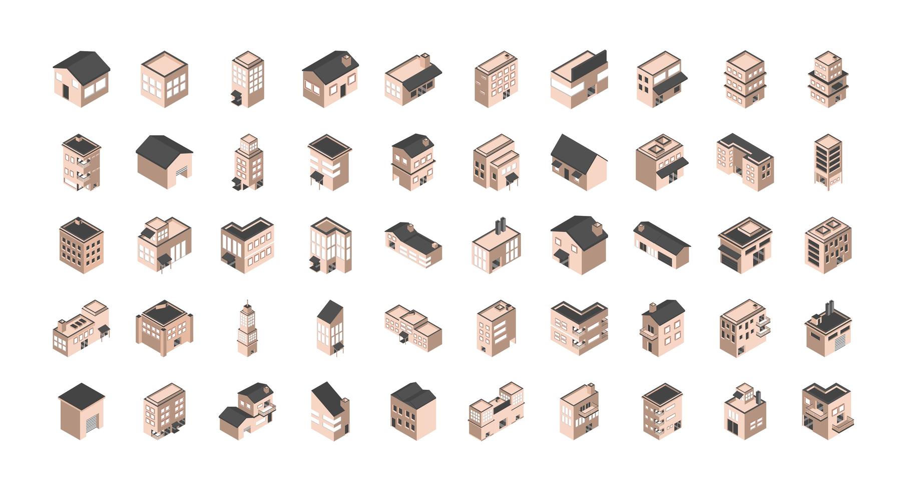 una variedad de edificios y casas iconos isométricos vector