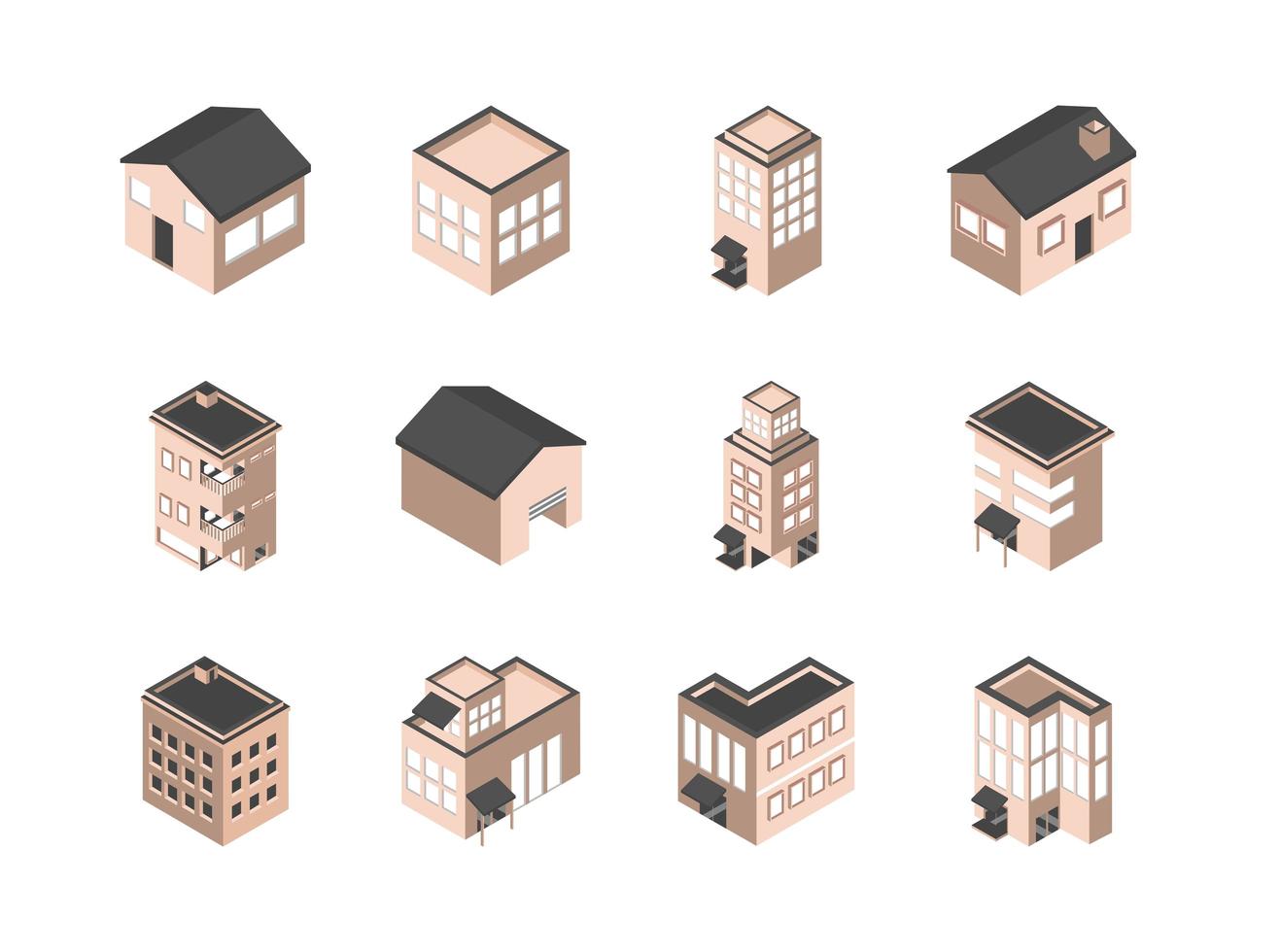 paquete de iconos isométricos de edificios y casas vector