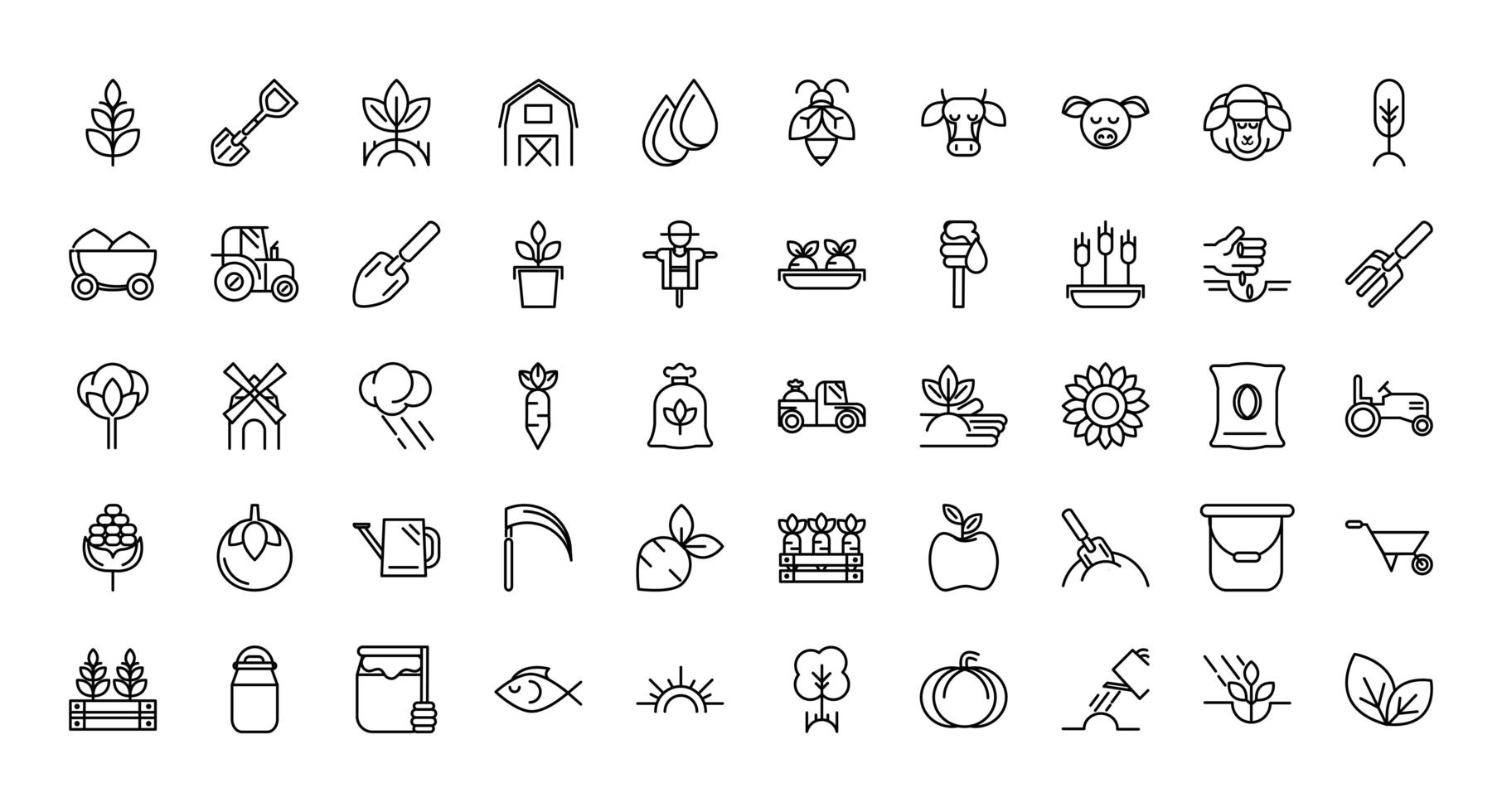 Organic farm thick line art icons set vector