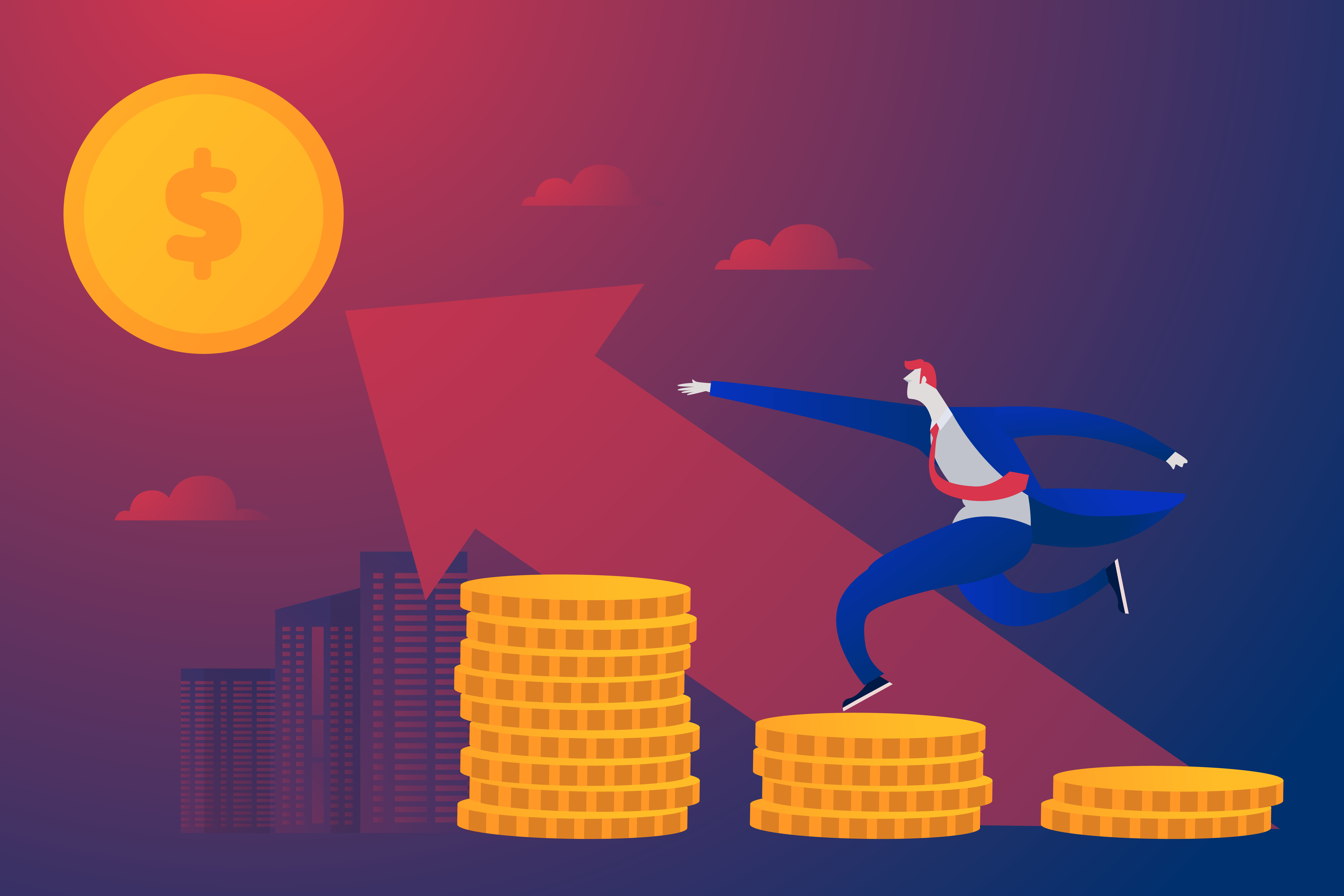 Young entrepreneur running on coin stacks for profit 1236591 Vector Art