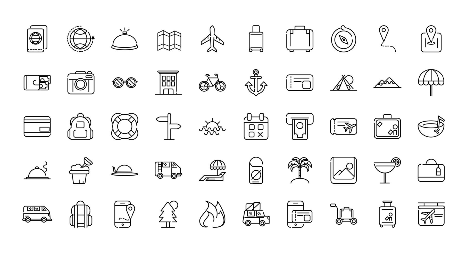 Assortment of vacation and tourism thick line art icons vector