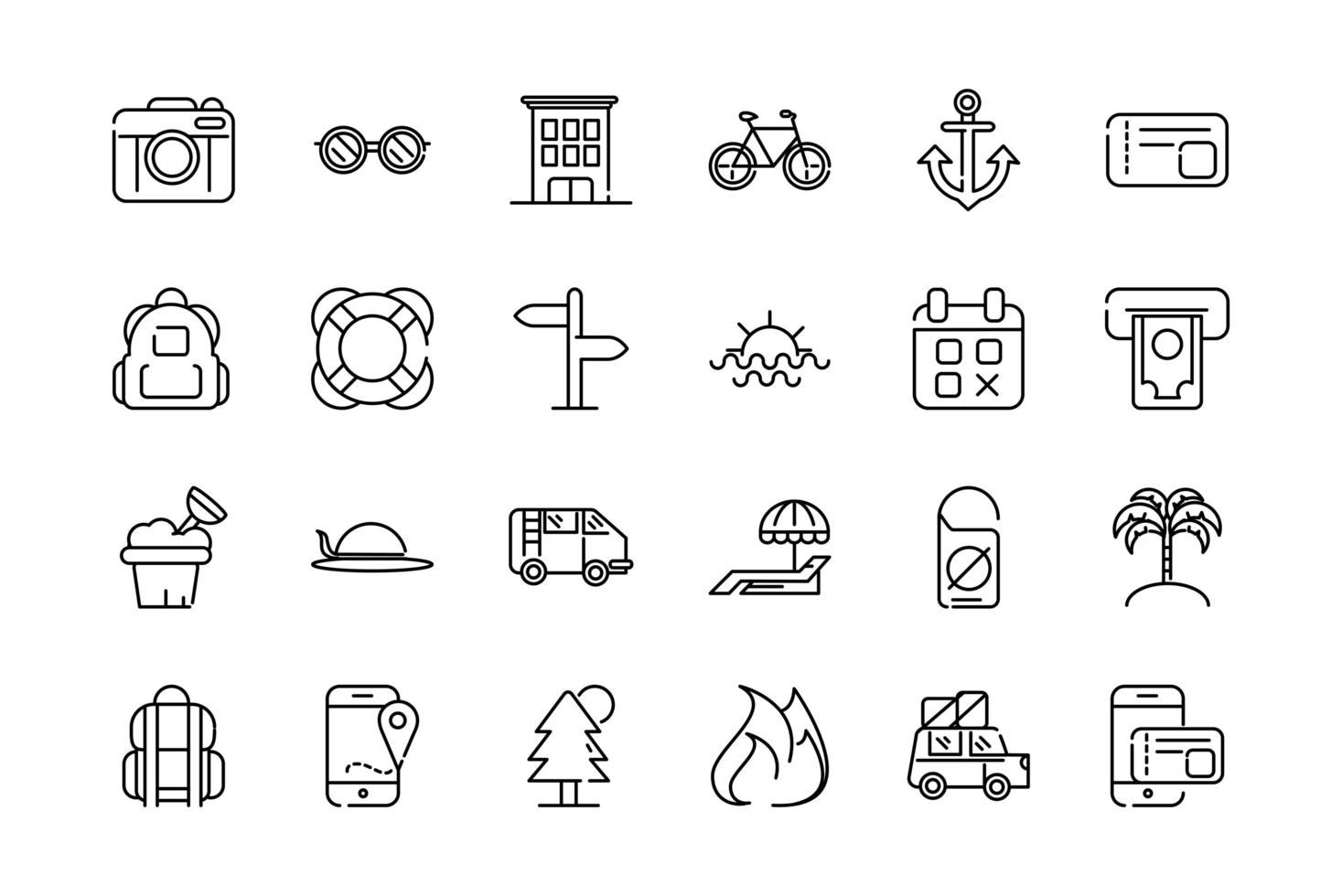 Pack of vacation and tourism thick line art icons vector