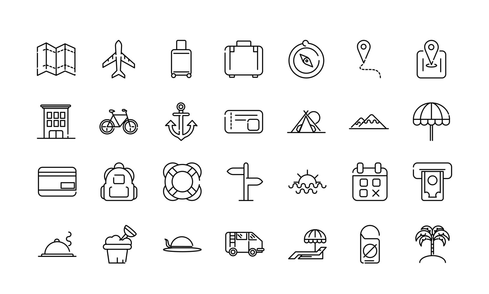 Vacation and tourism thick line art icons set vector