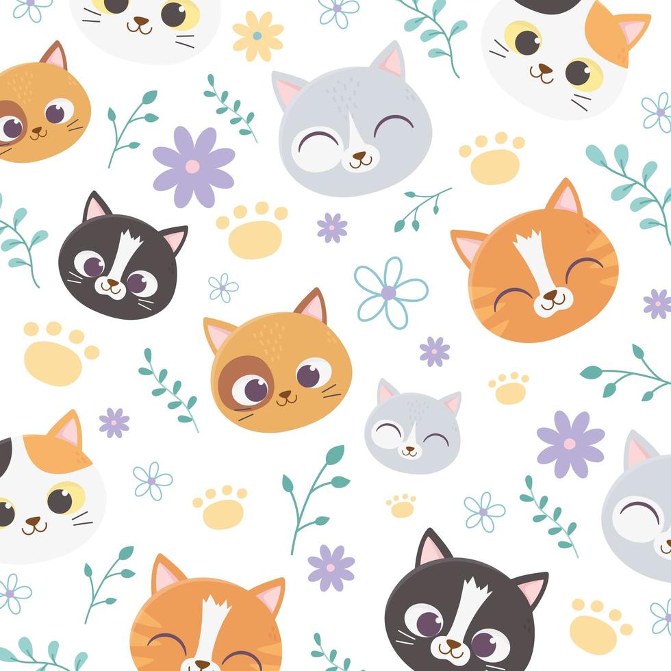 Pattern of cute cartoon cats with flowers vector