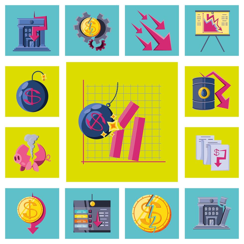 Set of collapsed economy icons vector