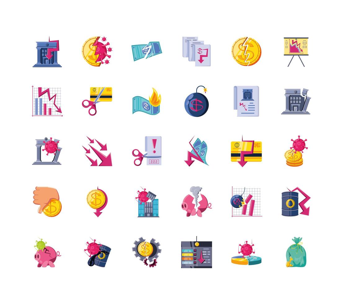 Set of icons of collapsed economy  vector