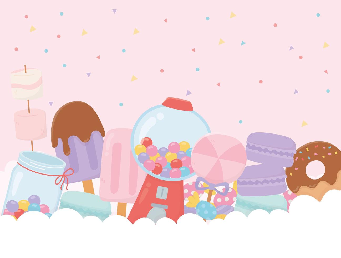 Candies, ice cream and desserts on clouds vector