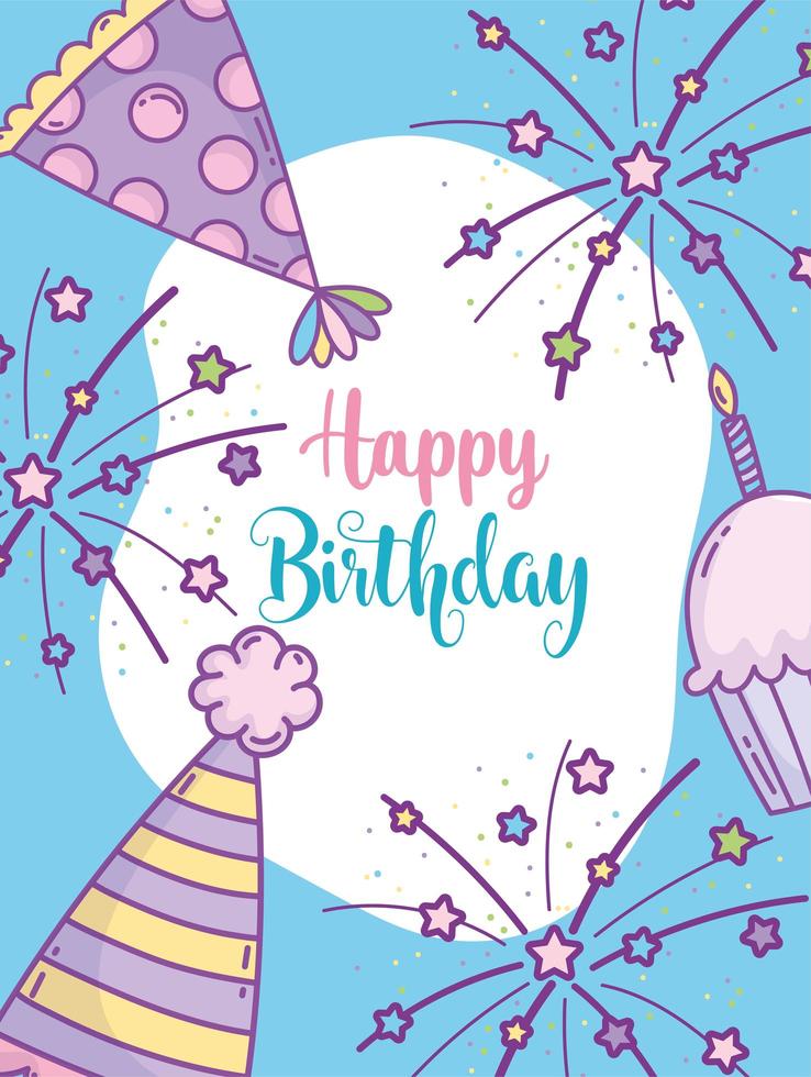 Blue birthday card with party hats and stars vector