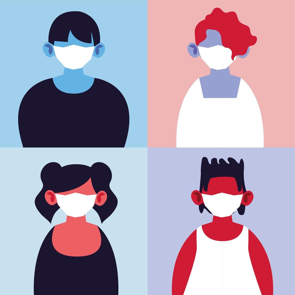 cuatro personas con mascarillas médicas. vector