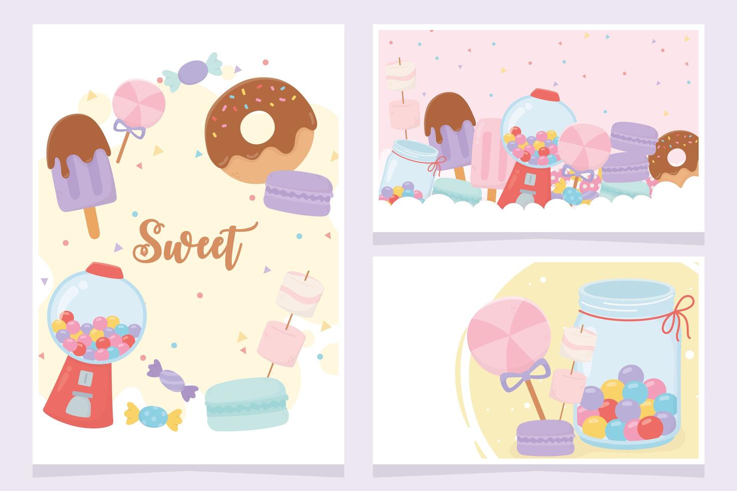 Conjunto de tarjetas de dulces y postres. vector