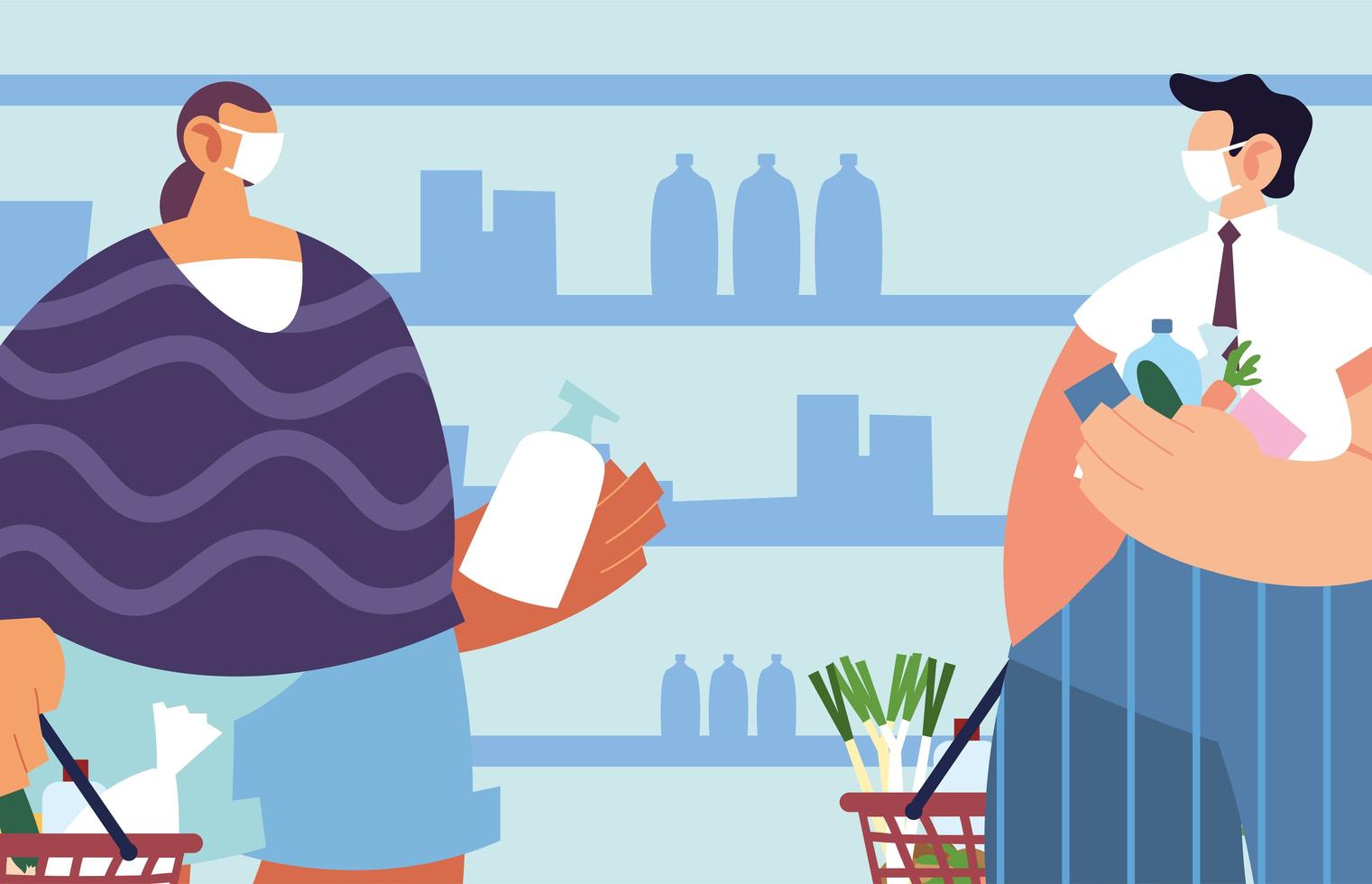 Men with medical mask in the supermarket with precautions by coronavirus vector