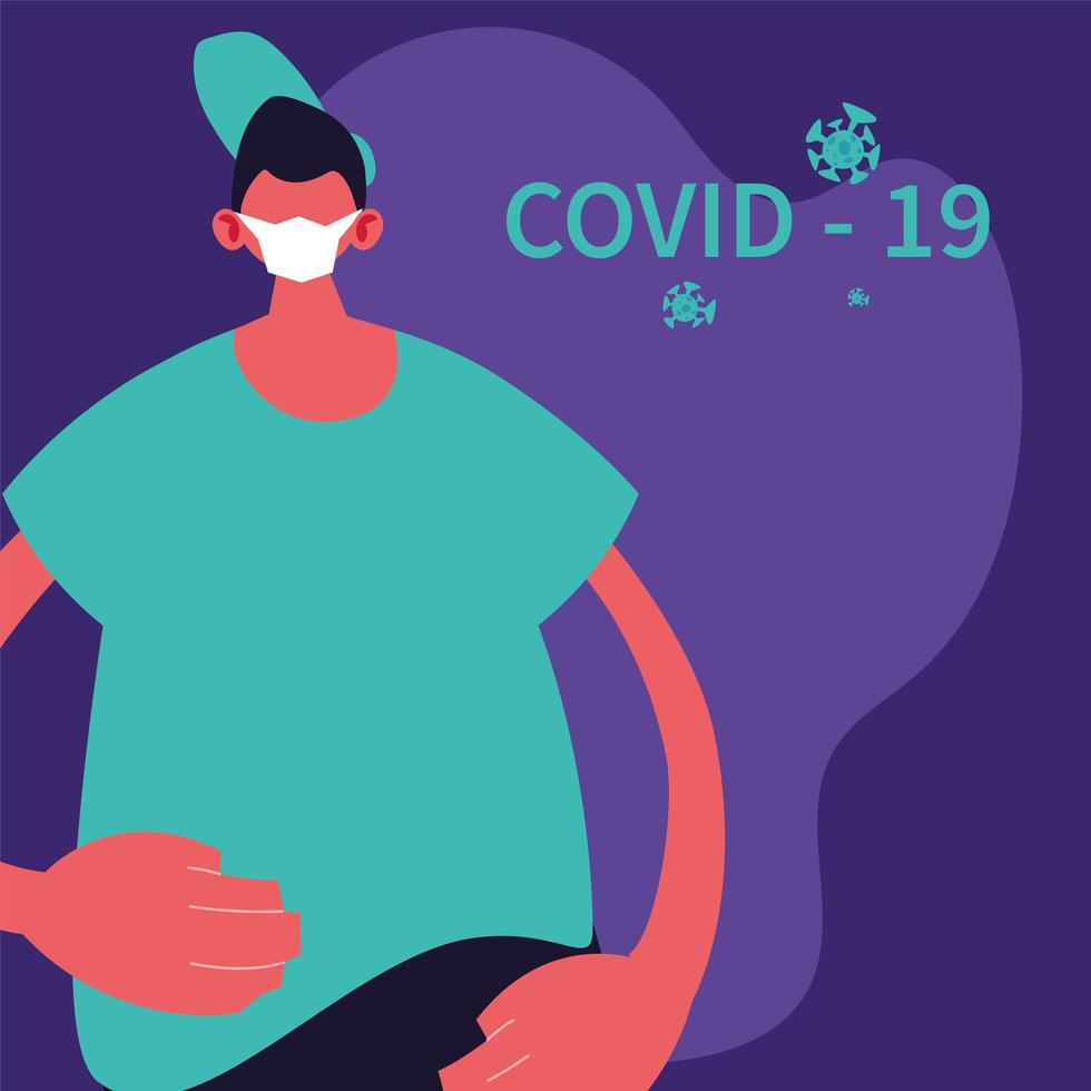 Man wearing surgical mask avoiding infection by covid 19 vector