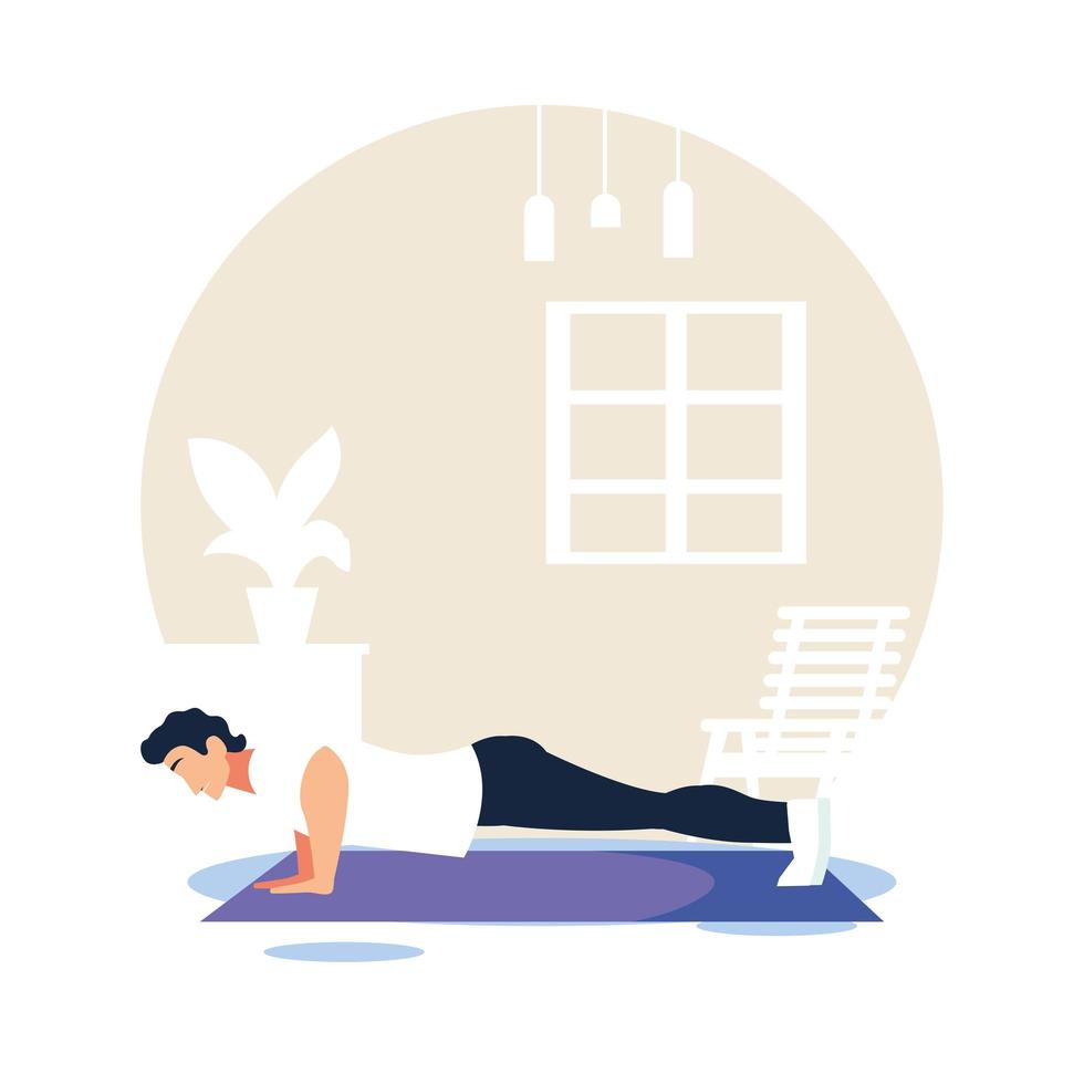 Young man doing exercises at home vector