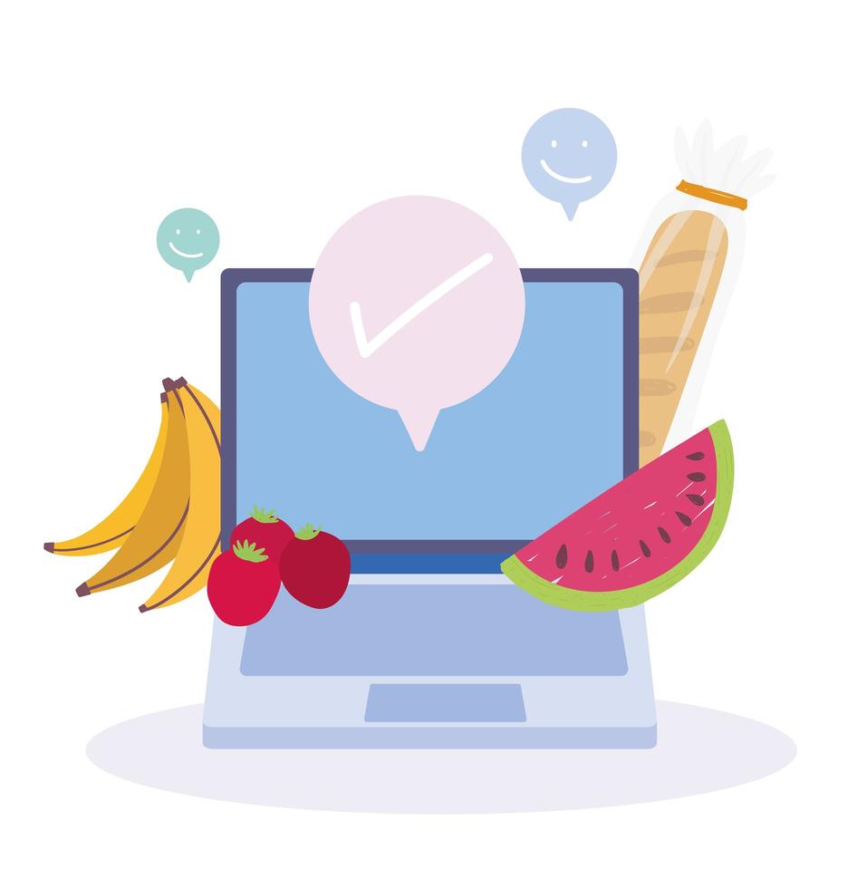 laptop con frutas y pan vector