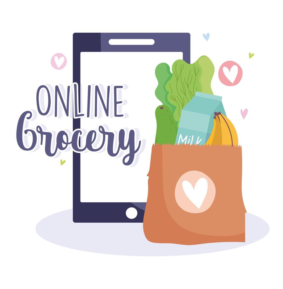 Online device and bag of groceries vector