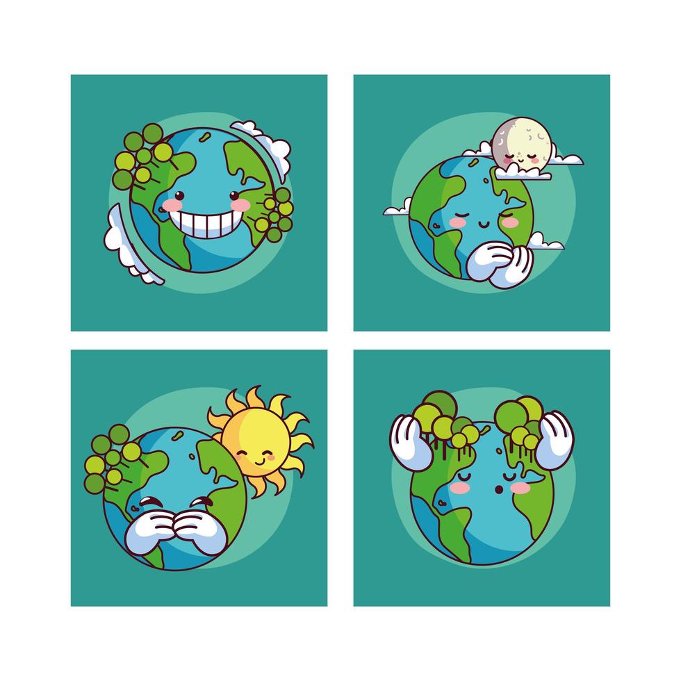 cuatro kawaii sonriendo planeta tierra vector