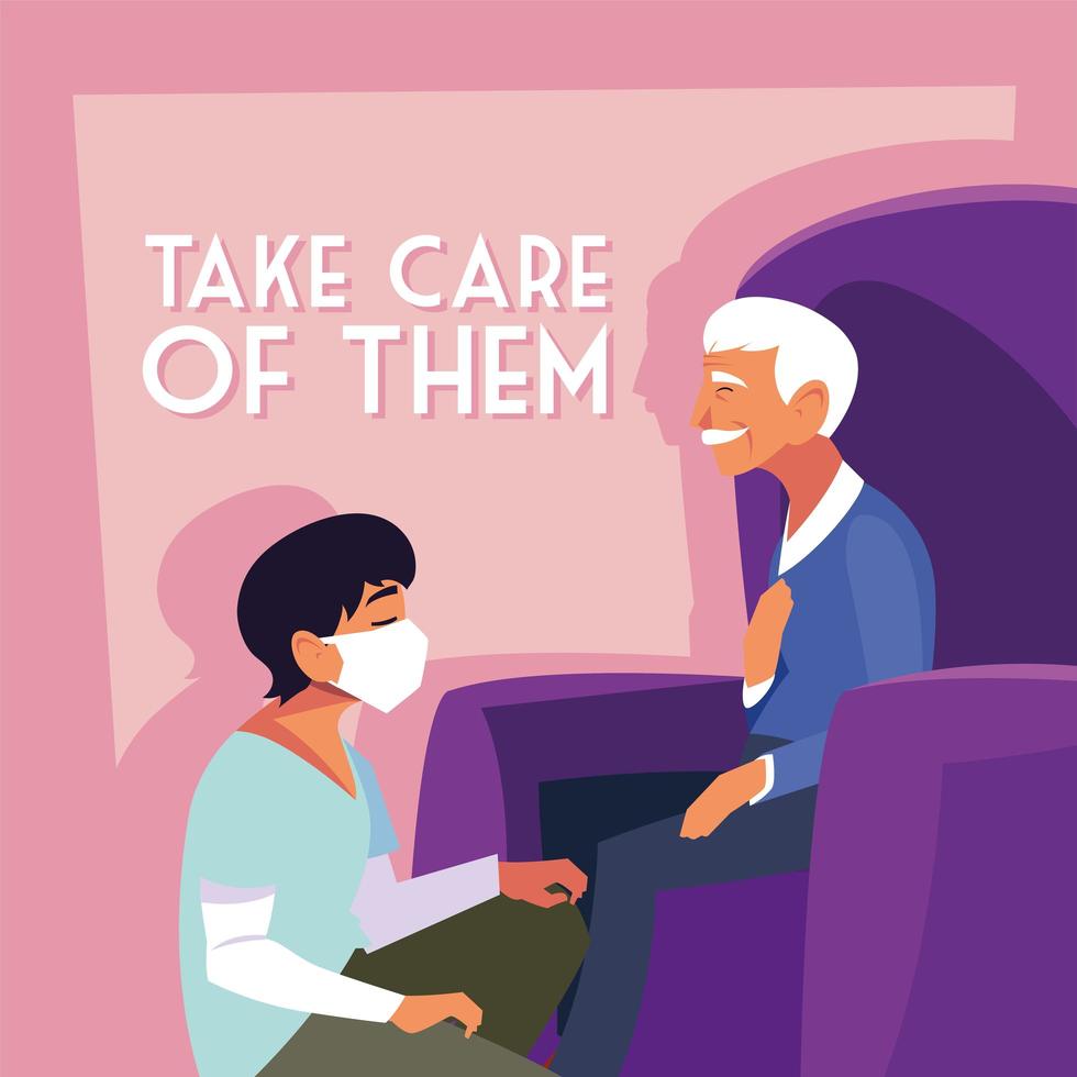 Man wearing medical mask and taking care of an old man vector