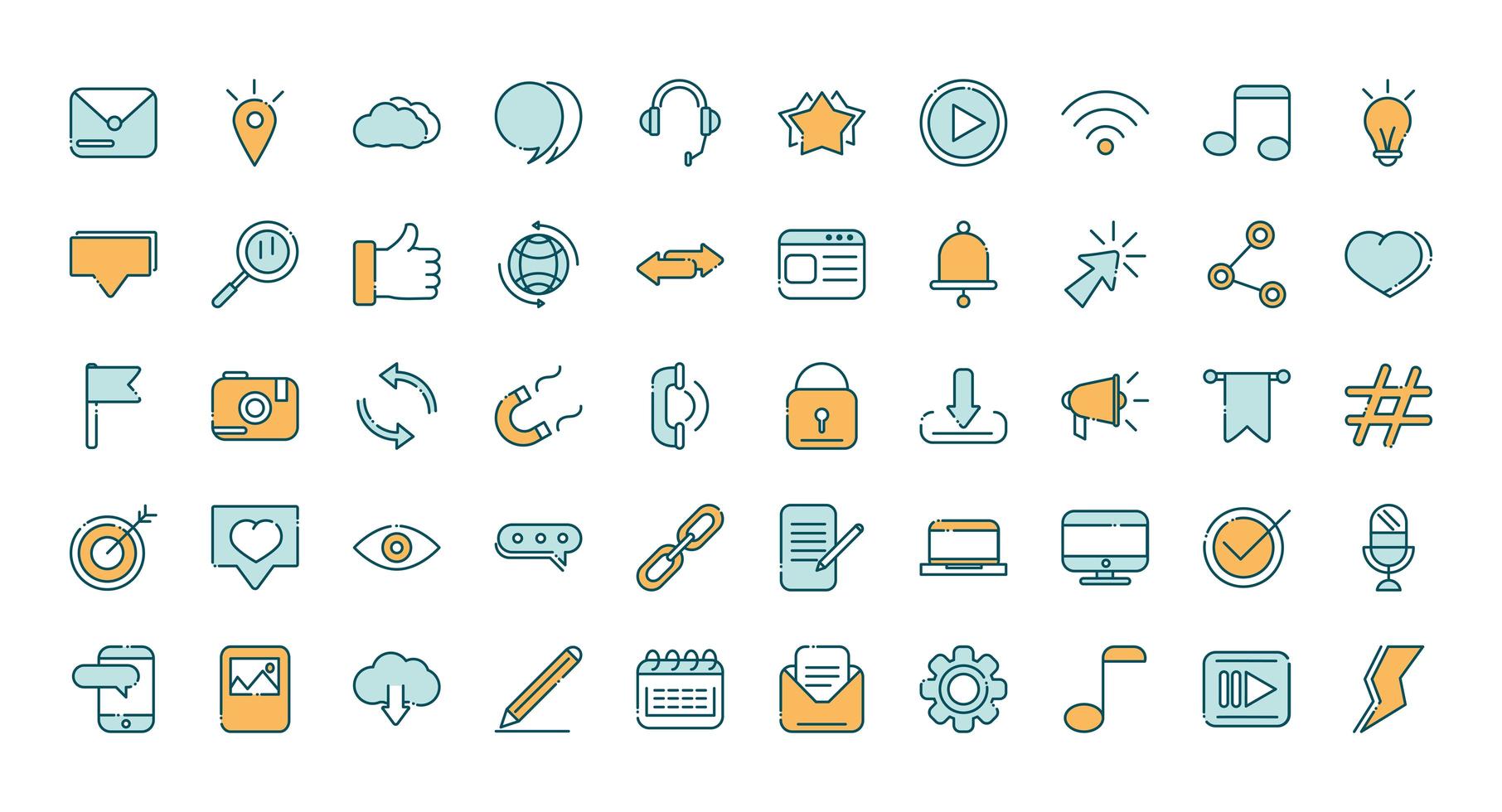 Social media line and fill icon set vector