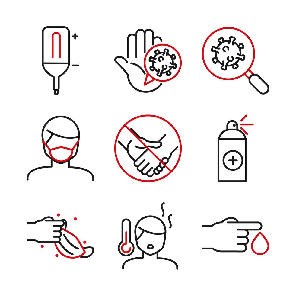 Bicolor medical care and covid-19 line-art icon set  vector