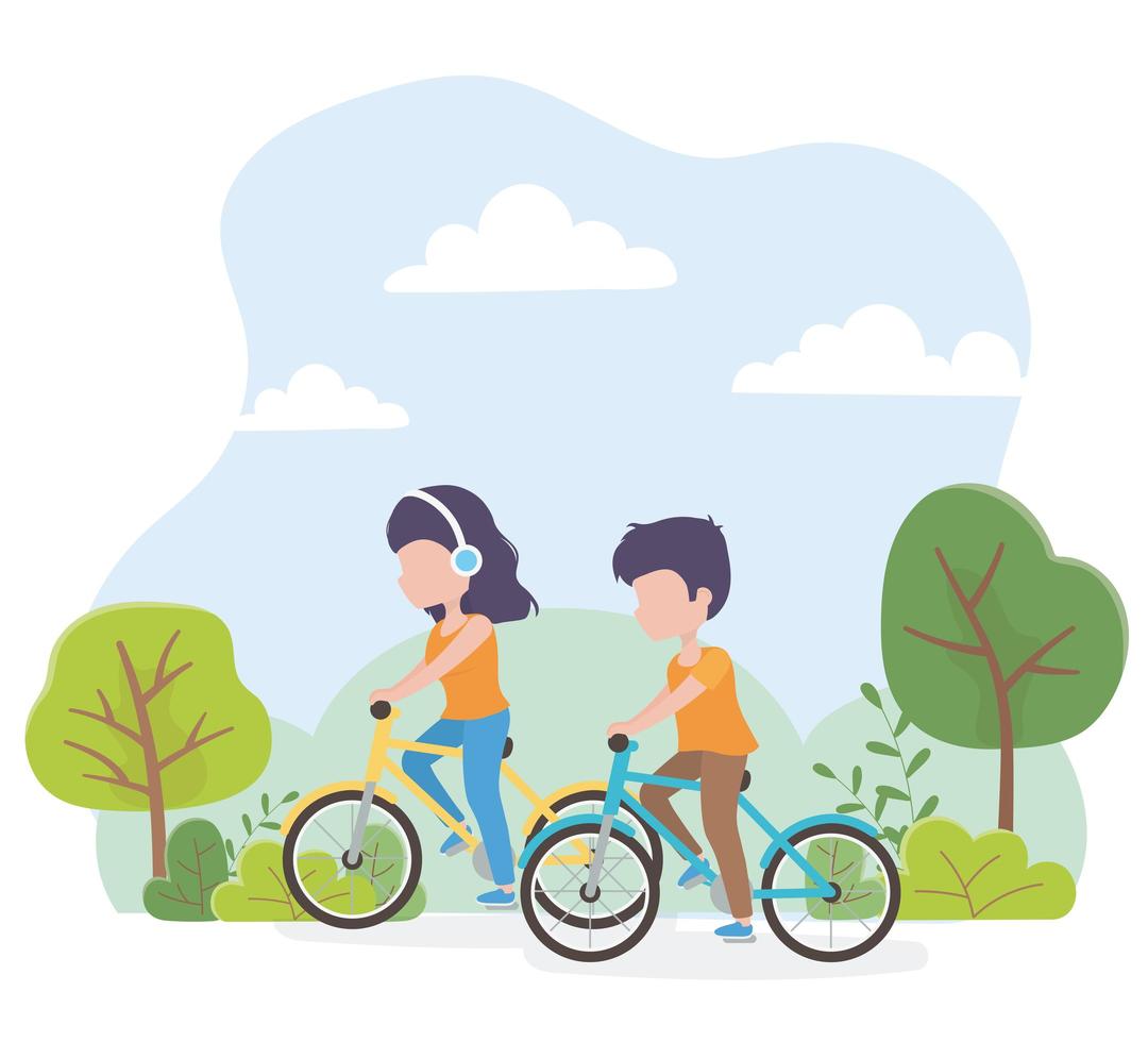 Couple riding bikes in a park vector