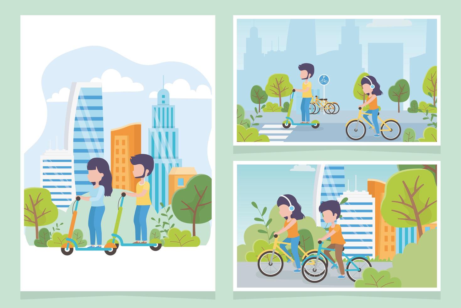 Cards with people riding bikes and electric scooters in different scenarios vector