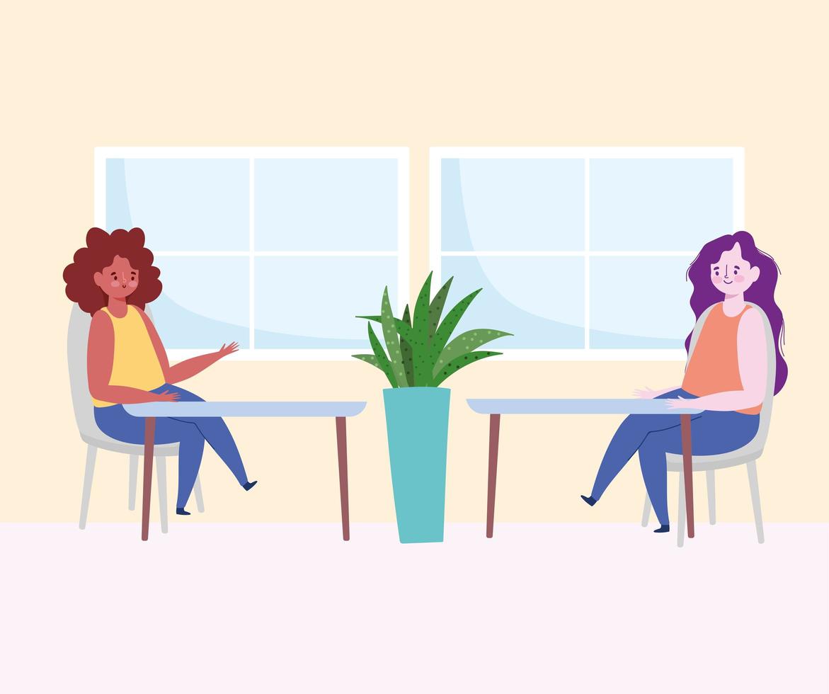 Seated women social distancing indoors vector