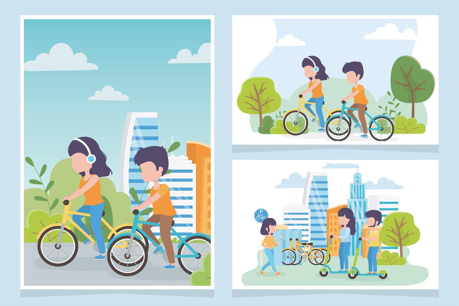 Juego de tarjetas con personas en bicicleta y patinetes eléctricos. vector